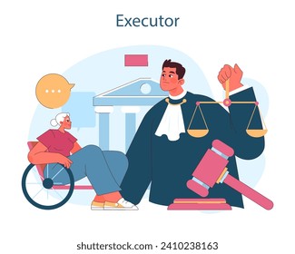 Ejecutor. En la ilustración se muestra el papel de un ejecutor en la gestión de los asuntos patrimoniales, con una figura que encarna la justicia y una mujer de categoría superior que observa. Ilustración vectorial plana