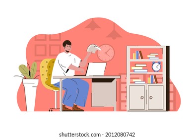 Exemplary management concept. Employee working on laptop in office situation. Successful workflow organization people scene. Vector illustration with flat character design for website and mobile site