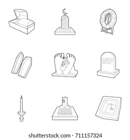 Exequies icons set. Outline set of 9 exequies vector icons for web isolated on white background