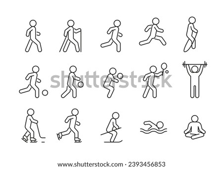 Exercise, active leisure and sport with ball, line icon set. People play in basketball, football, soccer, tennis, volleyball. Walk, run, jump, ski, skate, hockey. Vector illustration