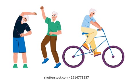 força da vitalidade, resistência do bem-estar, agilidade flexibilidade exercício ativo personagem sênior. pessoas ilustração de desenho animado plano
