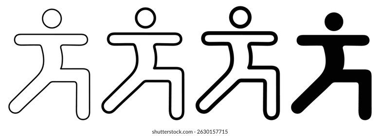 Exercise activity icon progression from light outline to bold filled figure in warrior yoga pose vector illustration for fitness use.