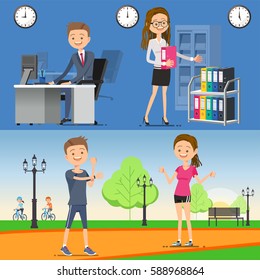 Exercise after work. Health of people living in the city. Officer have time to fitness.