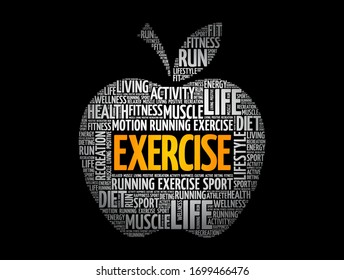EXERCISE apple word cloud, health concept background