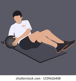 Exercise with a ball - a man sitting trains back muscles - art, vector. Sport Club.