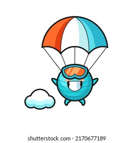 exercise ball mascot cartoon is skydiving with happy gesture , cute style design for t shirt, sticker, logo element