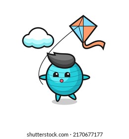 exercise ball mascot illustration is playing kite , cute style design for t shirt, sticker, logo element