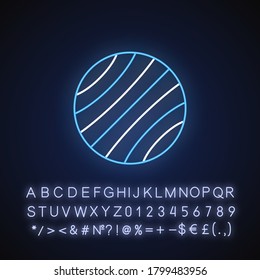 Exercise ball neon light icon. Outer glowing effect. Home equipment, aerobics and yoga. Fitness gear sign with alphabet, numbers and symbols. Swiss ball vector isolated RGB color illustration