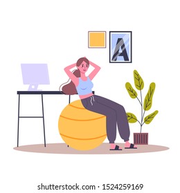 Exercise ball workout. Idea of body health and training. Healthy lifestyle. Workout with equipment. Isolated vector illustration in cartoon style