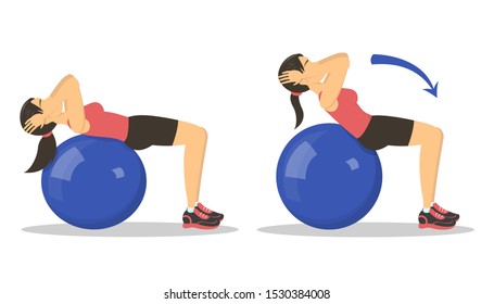 Exercise ball workout. Idea of body health and training in the gym. Healthy lifestyle. Workout with equipment. Isolated vector illustration in cartoon style