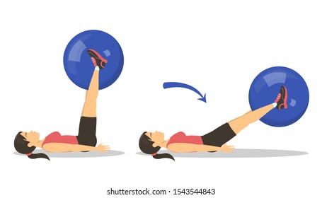 Exercise ball workout. Idea of body health and training in the gym. Healthy lifestyle. Workout with equipment. Isolated vector illustration in cartoon style