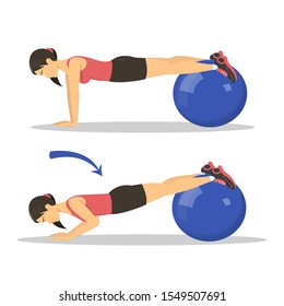 Exercise ball workout. Idea of body health and training in the gym. Healthy lifestyle. Workout with equipment. Isolated vector illustration in cartoon style