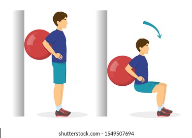 Exercise ball workout. Idea of body health and training in the gym. Healthy lifestyle. Workout with equipment. Isolated vector illustration in cartoon style