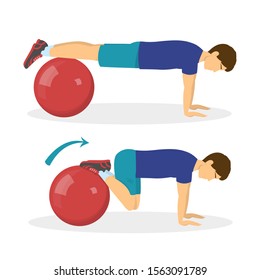 Exercise ball workout. Idea of body health and training in the gym. Healthy lifestyle. Workout with equipment. Isolated vector illustration in cartoon style