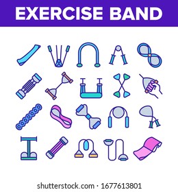 Exercise Band Tools Collection Icons Set Vector. Resistance And Stretchable Belt, Athletic Expander Exercise Band Sport Equipment Concept Linear Pictograms. Color Contour Illustrations