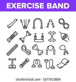 Exercise Band Tools Collection Icons Set Vector. Resistance And Stretchable Belt, Athletic Expander Exercise Band Sport Equipment Concept Linear Pictograms. Monochrome Contour Illustrations