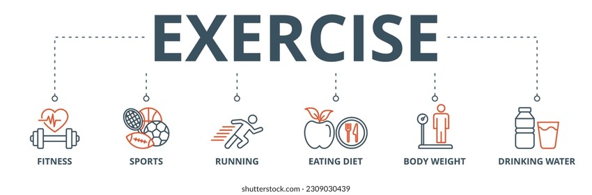 Exercise banner web icon vector illustration concept with icon of fitness, sports, running, eating diet, body weight, drinking water