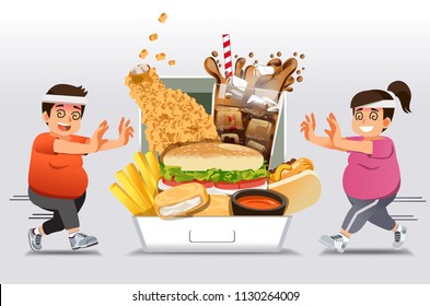 Exercise barriers for who Familiar with eating fast food want to lose weight. People give up a diet or exercise and happy return to junk food again. like a fat.