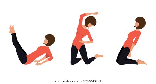 Exercise for belly, waist and hips. Young woman in a sporty uniform is engaged in physical education. Vector illustration