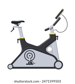 Exercise bike. Bicycle with monitor handles. Gym workout equipment, Fitness, healthy and sport lifestyle. Strength and bodybuilding training. Vector illustration flat style