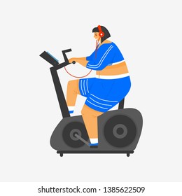 Exercise bike for fitness. Girl Plus Size. Health sport in club. Fat Woman doing exercises, loses weight, warming up. Training pose in yoga classes, Cute female or Full Body characters.