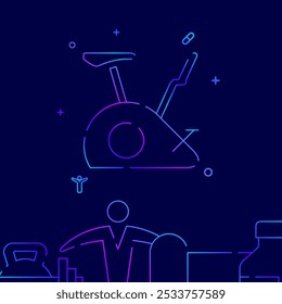 Exercício bicicleta gradiente linha vetor ícone, ilustração simples em um fundo azul escuro, fitness e estilo de vida saudável relacionado borda inferior.
