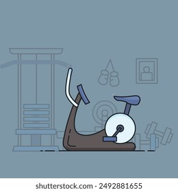 Bicicleta de ejercicio en el gimnasio. Ilustración vectorial en estilo plano. 