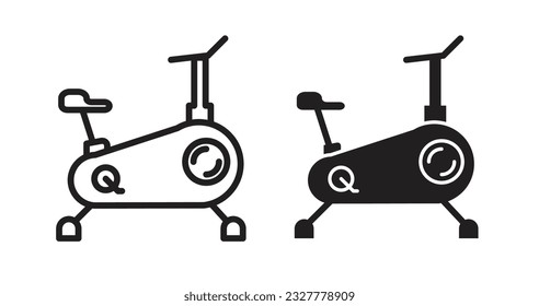 Exercise bike icon set in black filled and outlined style. GYM bicycle machine symbol. fitness gym center cycle sign.