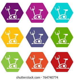 Exercise bike icon set many color hexahedron isolated on white vector illustration