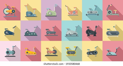 Exercise bike icons set. Flat set of exercise bike vector icons for web design