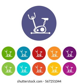Exercise bike set icons in different colors isolated on white background