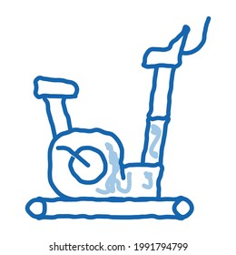 vector de icono de esbozo de bicicleta estática. Señal de bicicleta de ejercicios de arte de la línea de doodle azul dibujada a mano. ilustración de símbolo aislado