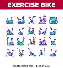 Exercise Bike Sport Collection Icons Set Vector. Bike Sportive Equipment, Gym And Fitness Physical Training Health Activity Tool Concept Linear Pictograms. Color Illustrations