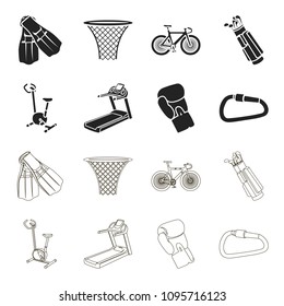 Exercise bike, treadmill, glove boxer, lock. Sport set collection icons in black,outline style vector symbol stock illustration web.