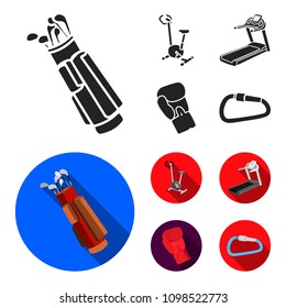Exercise bike, treadmill, glove boxer, lock. Sport set collection icons in black, flat style vector symbol stock illustration web.