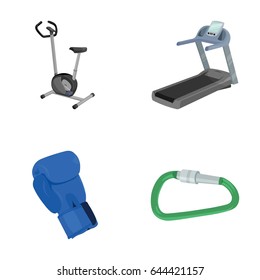 Exercise bike, treadmill, glove boxer, lock. Sport set collection icons in cartoon style vector symbol stock illustration web.