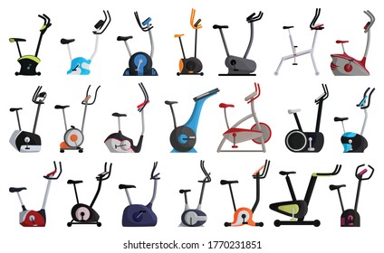 Icono de conjunto de dibujos animados vectoriales de bicicleta de ejercicio. Icono de conjunto de dibujos aislados bicicleta de fitness.Ilustración vectorial bicicleta ejercicio sobre fondo blanco.