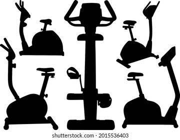 Se incluyen bicicletas de ejercicio para el ejercicio en el hogar. Imagen vectorial.