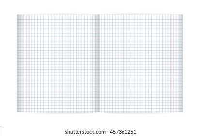 Exercise book in a cage and red margin. Double pages paper sheet school book with red margins, clean squared texture worksheet. Squared paper from a notebook in mathematics. Exercise book in a cage. 