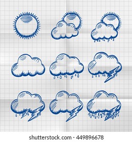 Exercise book collection clouds icon, sketch cloud and sun, weather phenomenon, template design element