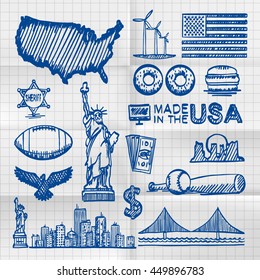 Exercise book Collection of icons of the United States, America sketch set, Usa collection sign. Vector illustration