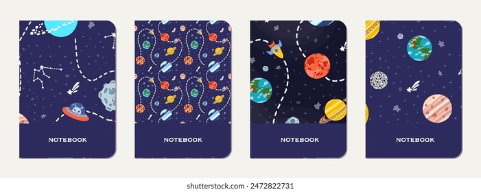 Exercise book cover with constellations and stars. Cute design for kids school notebooks and diaries. Hand drawn funny planet pattern.