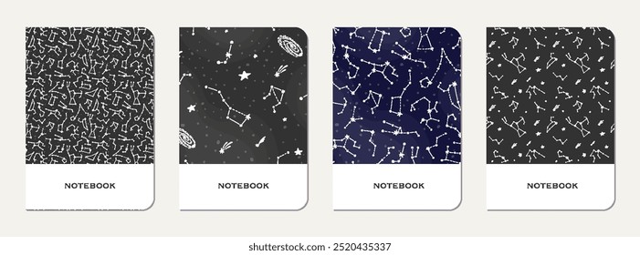 Cubierta de libro de ejercicios con constelaciones y estrellas. Diseño lindo para cuadernos y diarios escolares para niños. Dibujado a mano patrón de planeta divertido.