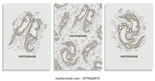 Exercise Book Cover Design. Set Composition Notebook, College Notebooks, Girl Boy School Notebook. Design cover book. Funny otters swim in the water and hold each other's paws. Doodle style