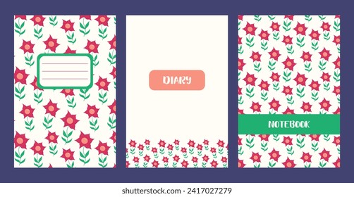 Exercise book Cover floral template. Minimalist Page of Notebook with spring flowers. Universal botanical layouts for diary. Vector design of Summer bright planner in flat style.