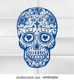 Exercise book Day Of The Dead Skull sketch. Draw skull sugar flower. Skull tattoo. Vector illustration