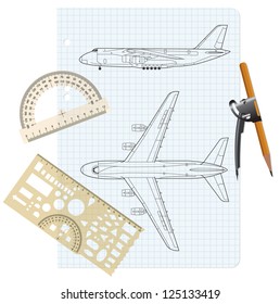  exercise book with a drawing for a model airplane with a protractor and compass. Vector illustration.