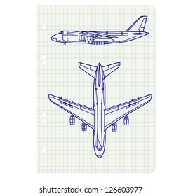 exercise book with a drawing for a model airplane. Vector illustration.