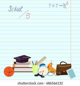 Exercise book with letters and digits and a set of school supplies