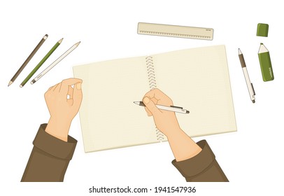 Exercise book or notebook for summary notes, pen pencil marker, ruler are on table. Human starts writing something, hands are shown. White pen is in right hand. Elements are isolated white background